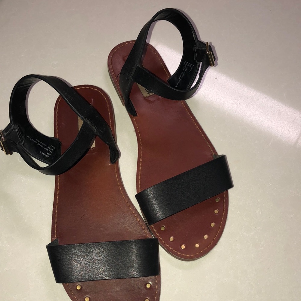 black and brown leather sandals gold accent